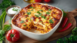 A sliced enchilada casserole in a baking dish on a wooden board. Next to the casserole is a tomato, two chilies, and fresh herbs. In a bowl behind it is some cream cheese.