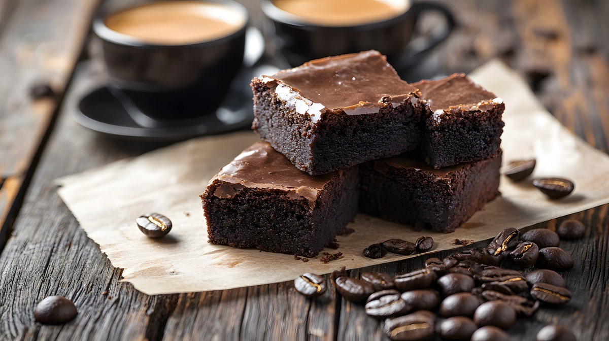 Espresso Brownies on a table with two cups of espresso in the background