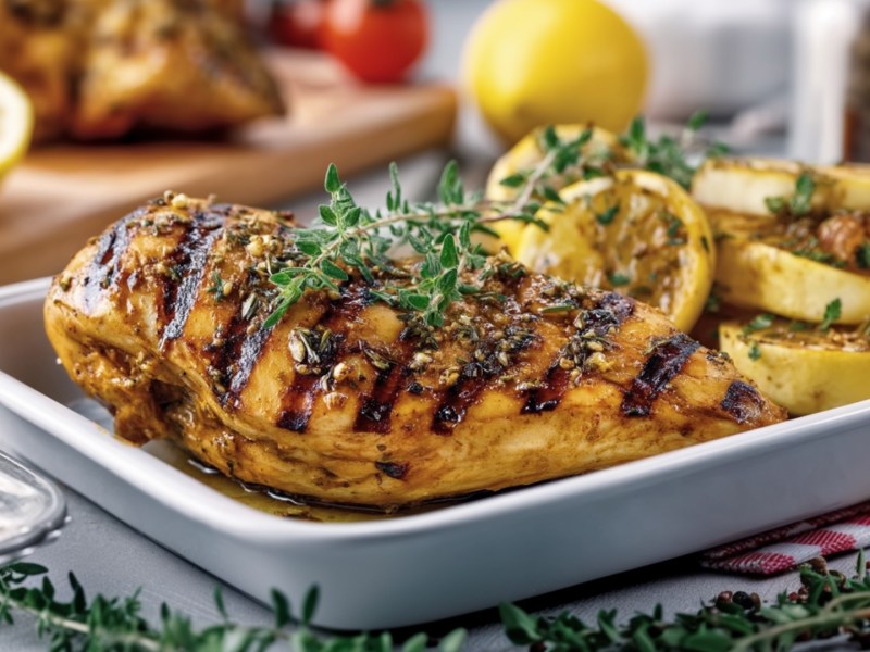Grilled lemon chicken on a square plate.