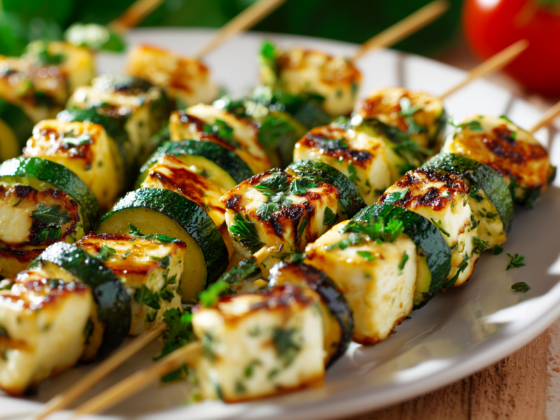 A plate of grilled zucchini and halloumi skewers.