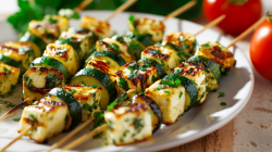 A plate of grilled zucchini and halloumi skewers.
