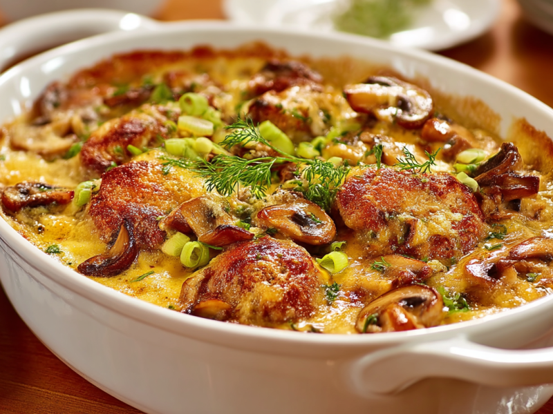 Casserole dish with Jaeger Schnitzel Casserole.