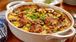 Casserole dish with Jaeger Schnitzel Casserole.