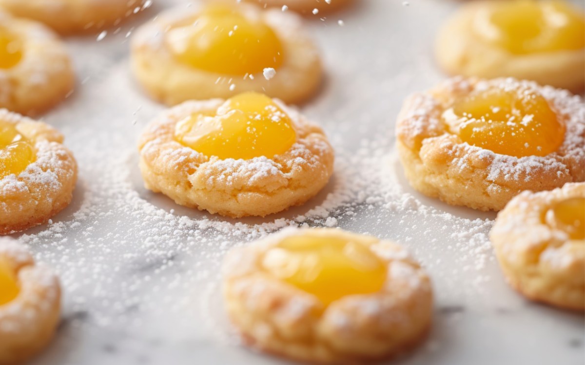 Lemon-Curd Cookies with powdered sugar on baking paper.