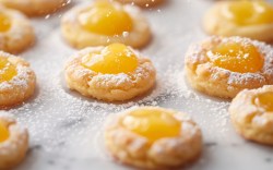 Lemon-Curd Cookies with powdered sugar on baking paper.