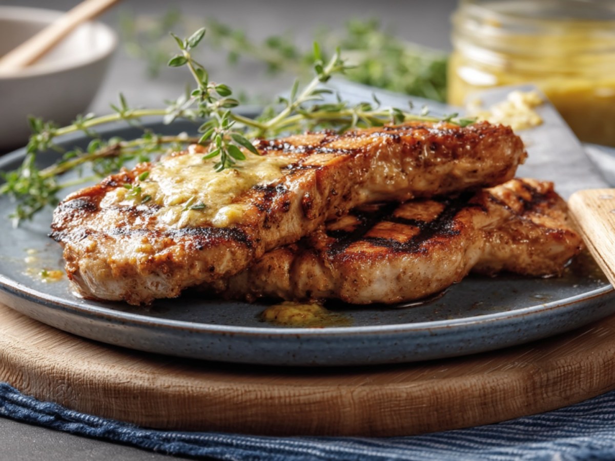 Two mustard-marinated schnitzels on a plate.