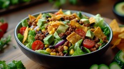 A bowl of nacho salad with avocado, corn, beans, ground beef and other ingredients. Close-up.
