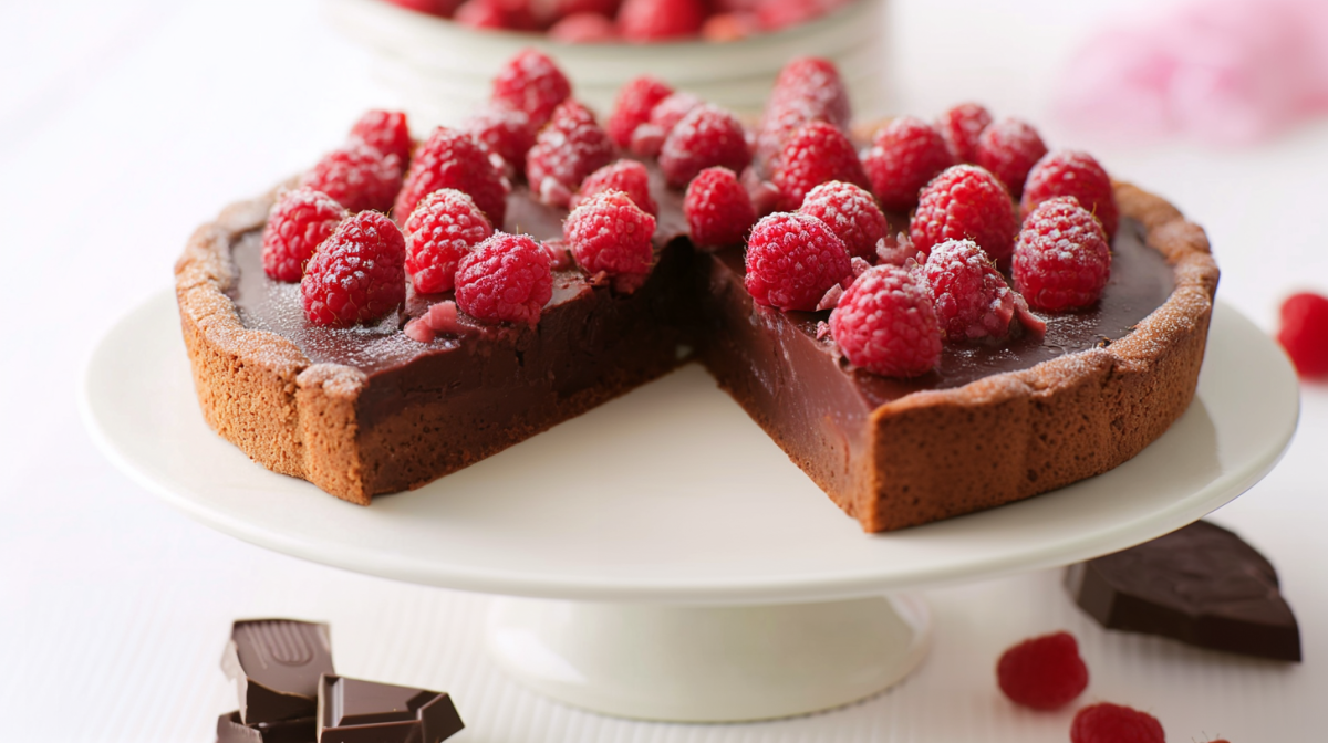 Sliced raspberry chocolate tart on a cake stand.