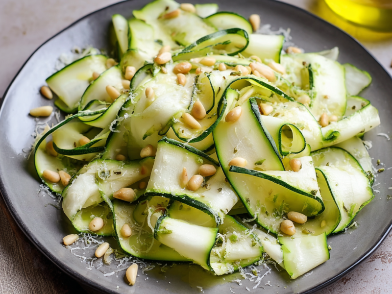 Raw zucchini salad on a gray plate, served with pine nuts.