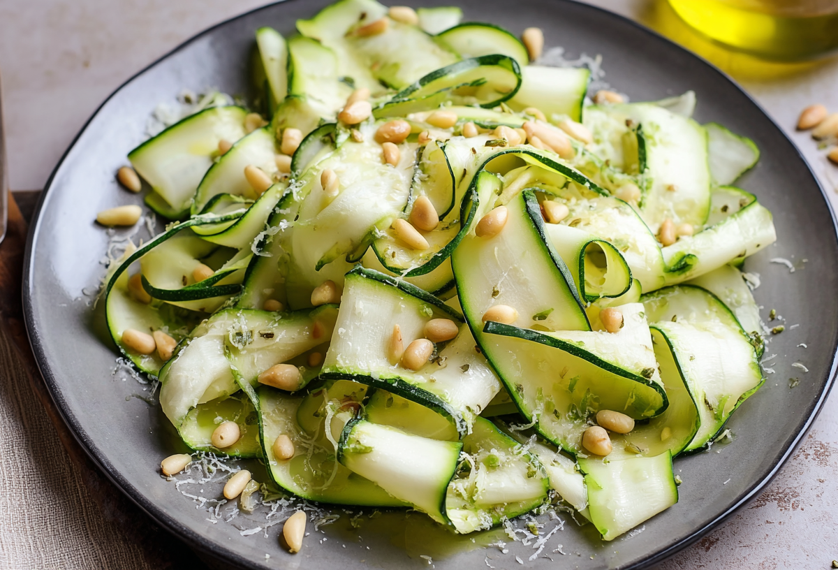 Raw zucchini salad on a gray plate, served with pine nuts.