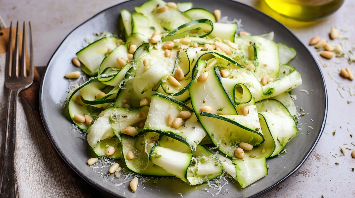 Raw zucchini salad on a gray plate, served with pine nuts.