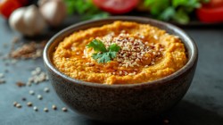 A bowl of red lentil dip. Fresh ingredients can be seen in the background.