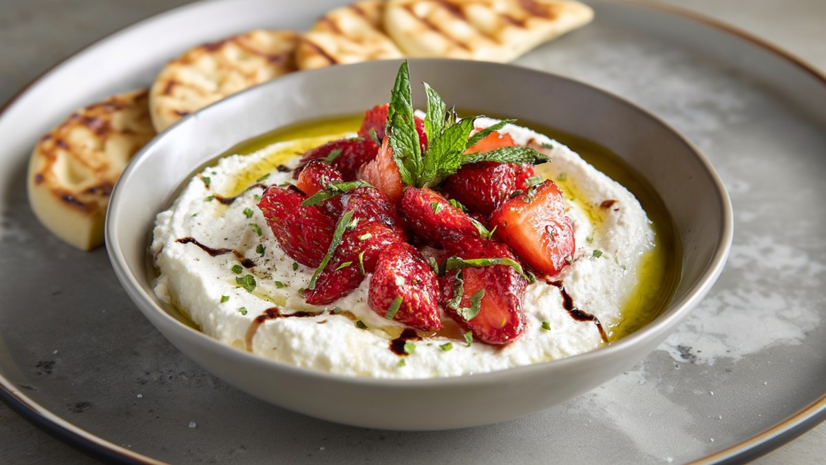 A bowl of ricotta dip with roasted strawberries. The bowl is on a large plate. In the background, you can see three small pita breads.