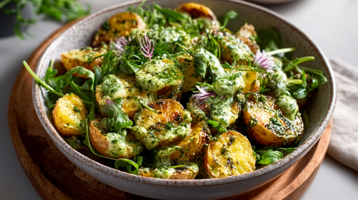 Roasted potato pesto salad in a bowl.