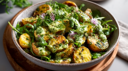 Roasted potato pesto salad in a bowl.