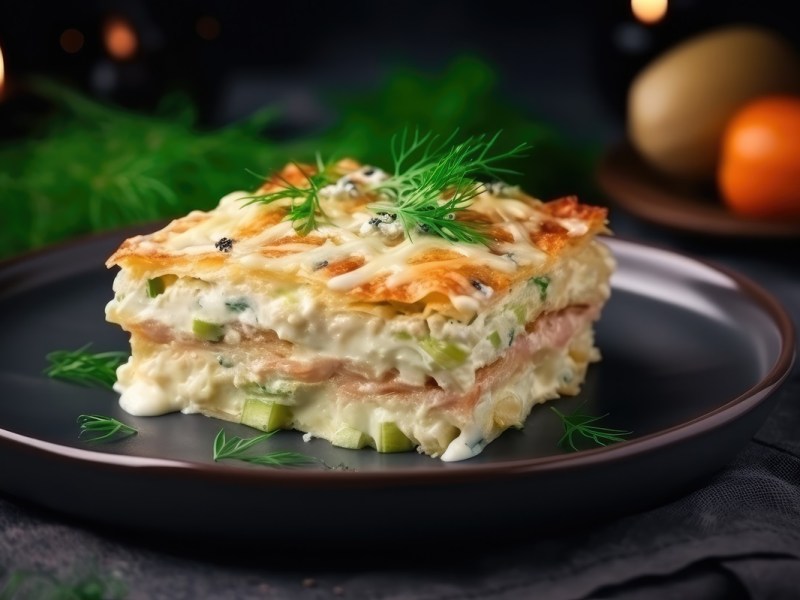Plate with a piece of salmon and leek lasagna