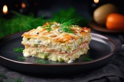 Plate with a piece of salmon and leek lasagna