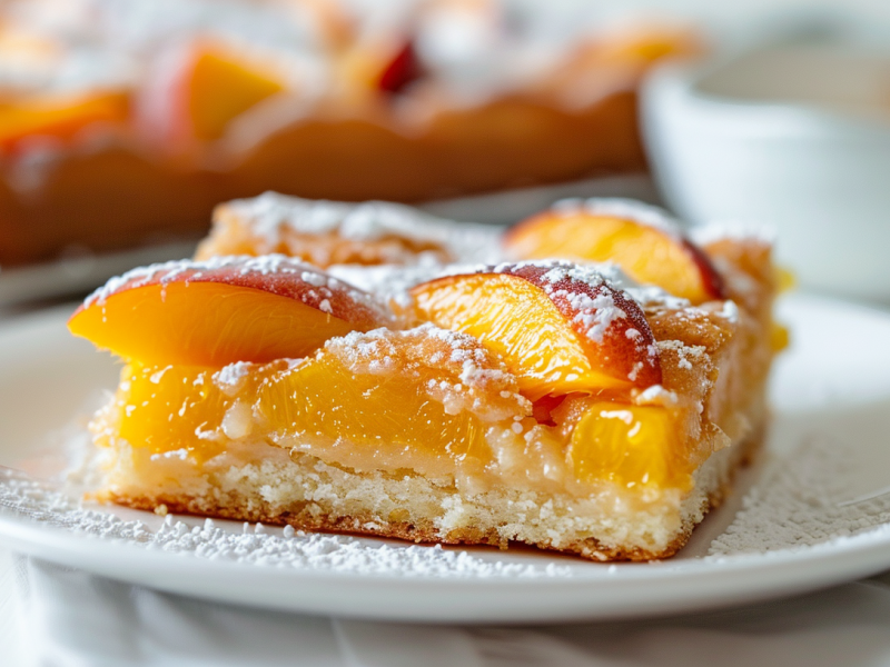 A piece of peach sheet cake on a white plate.