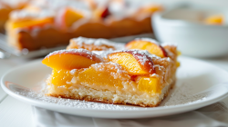 A piece of peach sheet cake on a white plate.