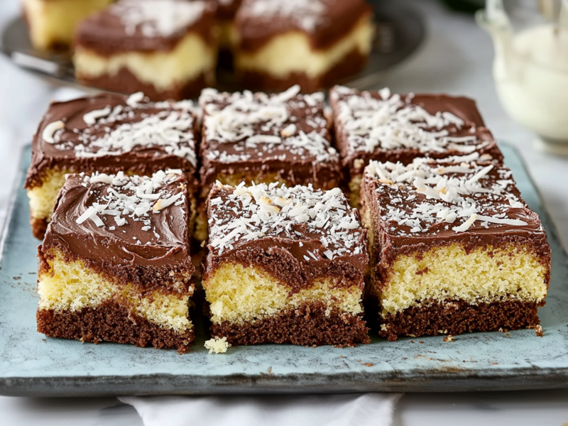 A large rectangular plate with square pieces of chocolate coconut cake topped with a chocolate glaze and shredded coconut. Behind the plate you can see another plate with chocolate coconut cake pieces. You can also see a white cloth lying around. And a glass container with milk or cream can be seen.
