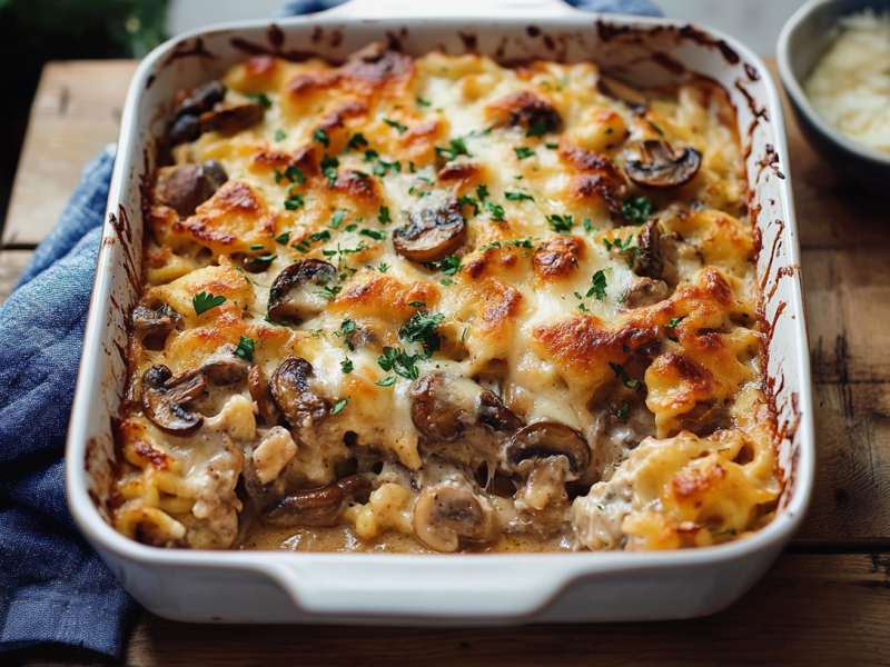 Spaetzle and mushroom casserole in a ceramic baking dish.
