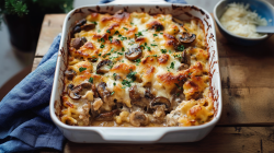 Spaetzle and mushroom casserole in a ceramic baking dish.