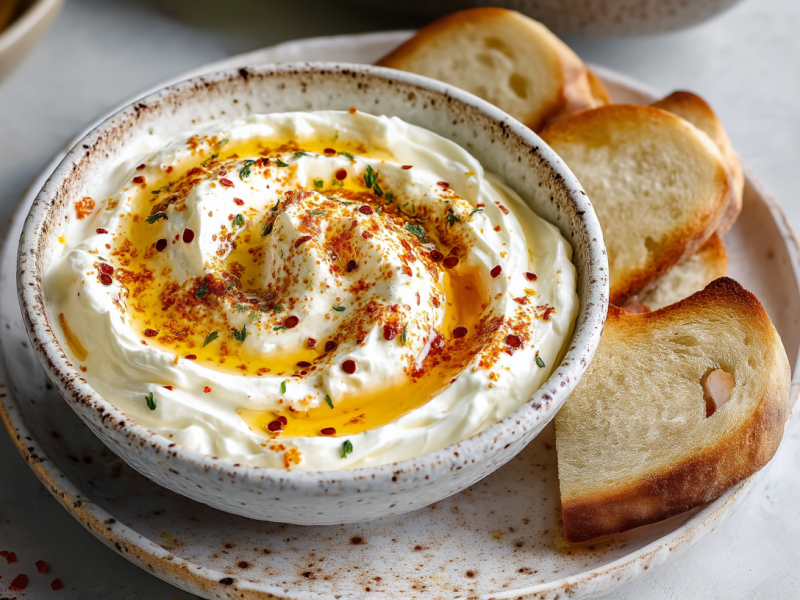 A bowl of feta cream with hot honey on a plate. Next to the bowl are three sliced pieces of bread. To the left of the plate are some chili flakes. On the right side of the image is some fresh thyme.