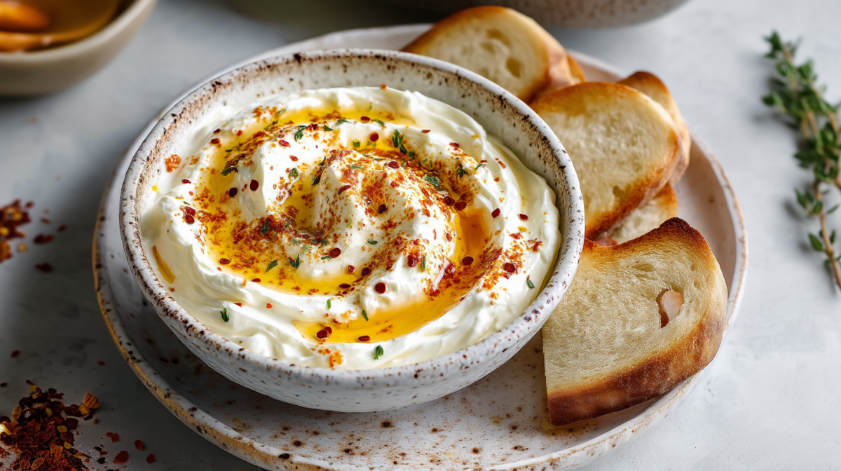 A bowl of feta cream with hot honey on a plate. Next to the bowl are three sliced pieces of bread. To the left of the plate are some chili flakes. On the right side of the image is some fresh thyme.