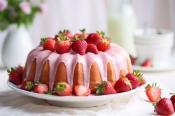 Bundt cake with strawberries and pink glaze