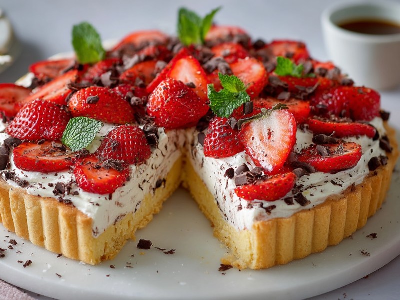 Cake plate with a cut Strawberry Stracciatella Cake