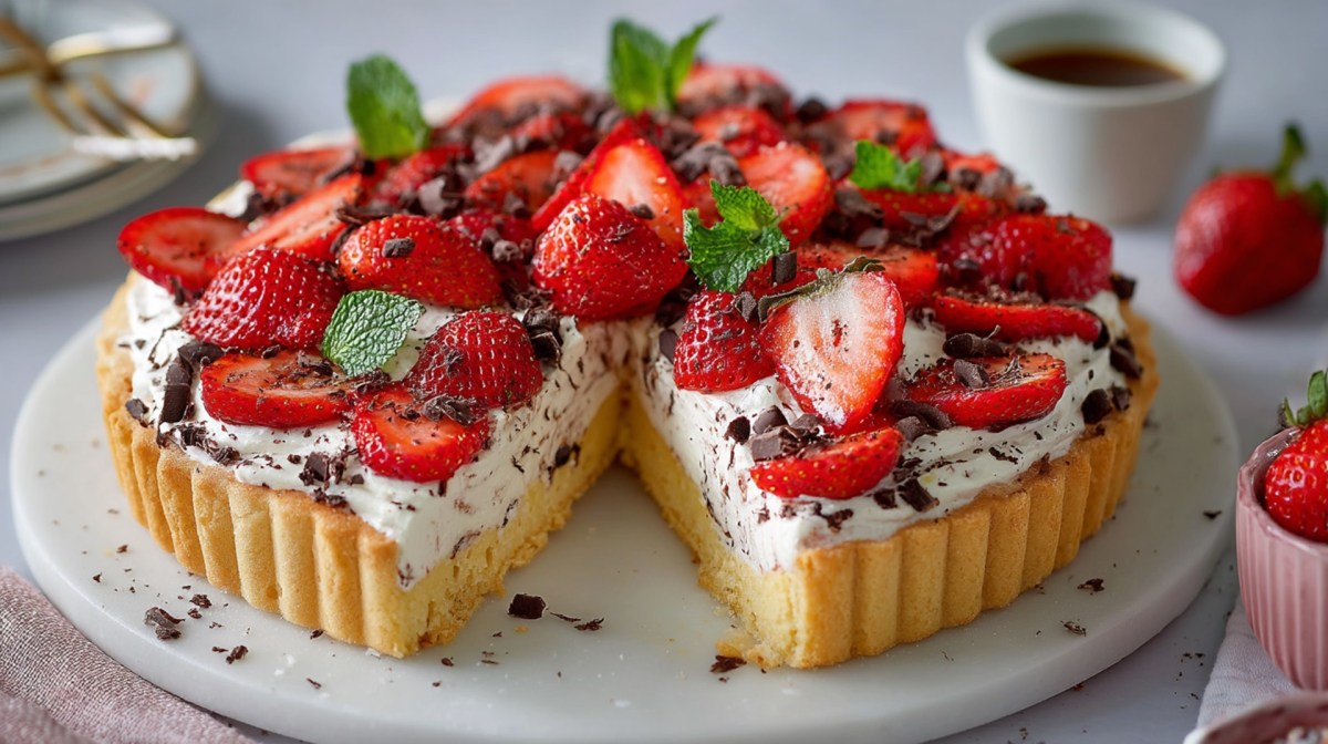 Cake plate with a cut Strawberry Stracciatella Cake