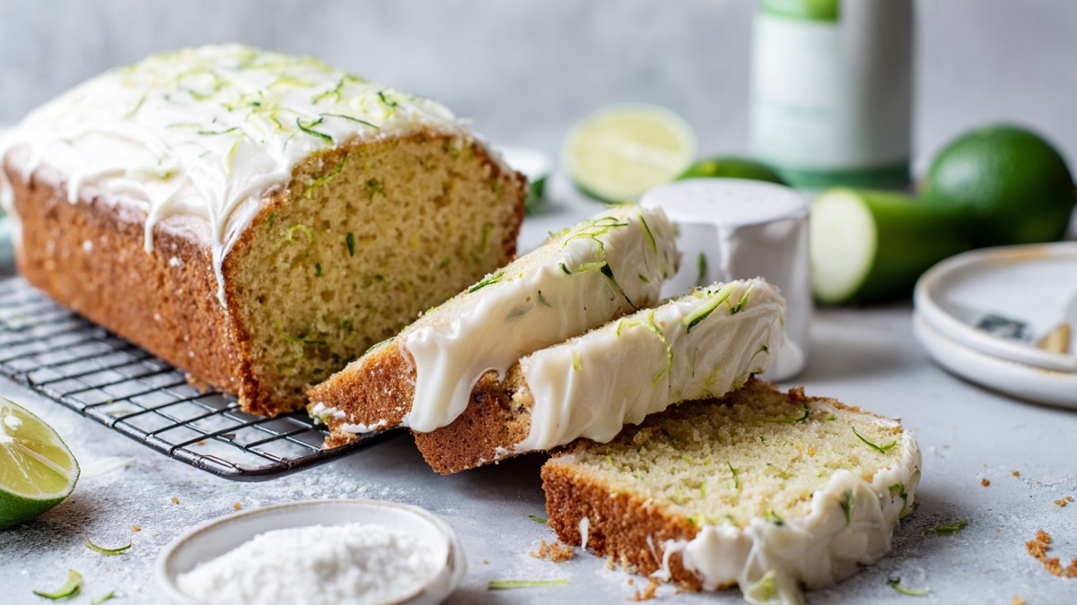 A sliced sweet zucchini cake with white cream cheese frosting. Surrounding it are ingredients such as fresh limes, a bowl of powdered sugar, and a sliced zucchini, as well as other containers and a plate.