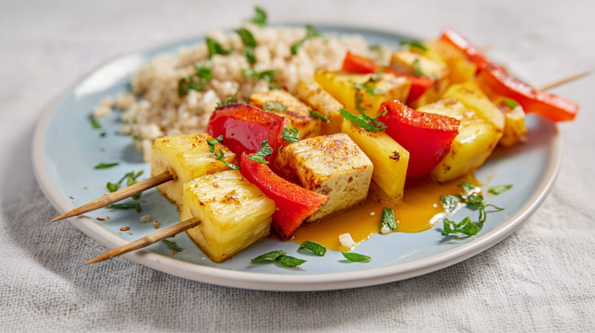 Tofu skewers with pineapple and bell pepper, served on a plate with rice.