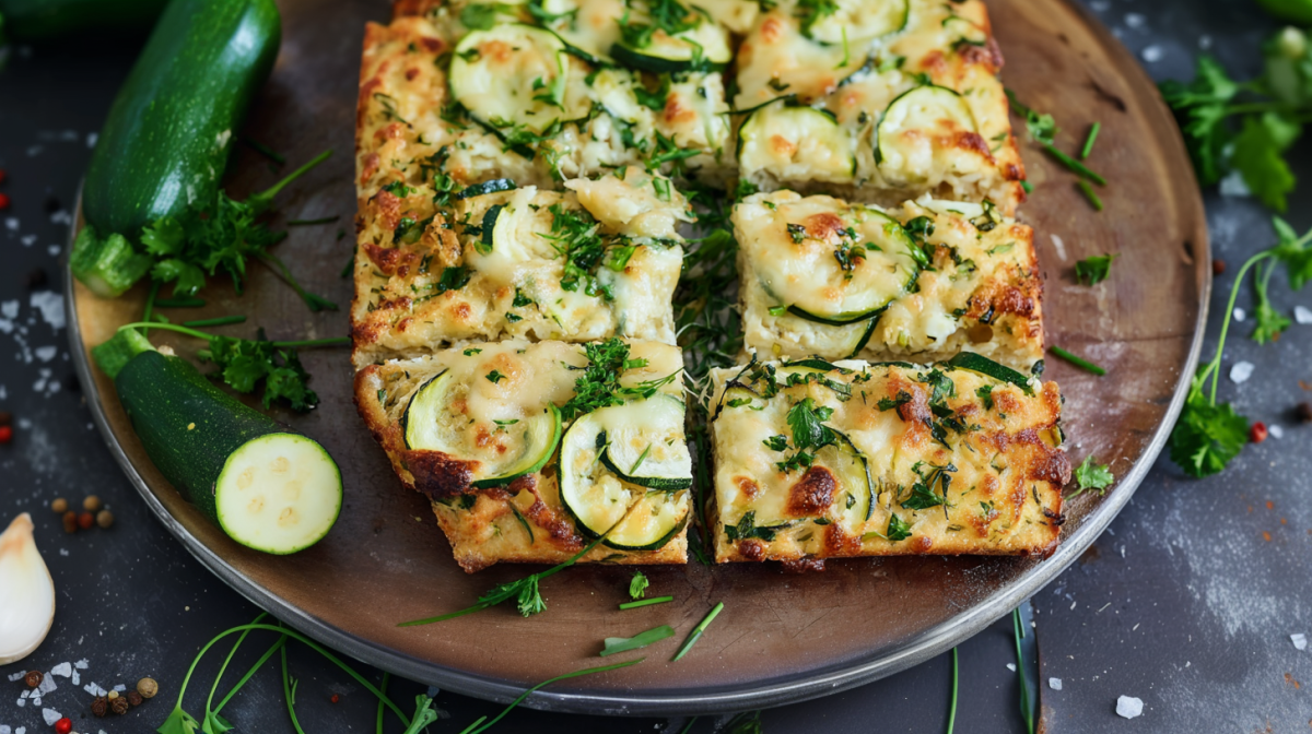 Zucchini grill bread, served on a large plate. Next to it are sliced zucchini and fresh herbs as decoration.
