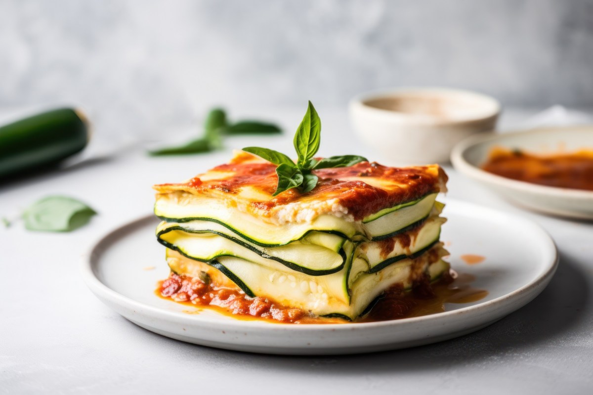Zucchini lasagna with lentils on a plate.