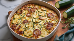 A casserole dish with zucchini and sausage casserole, next to it are ingredients.