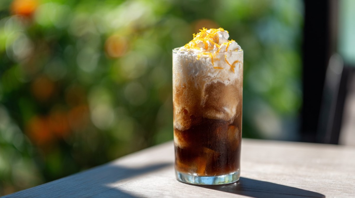 An orange cola float with homemade whipped topping on an outdoor table.